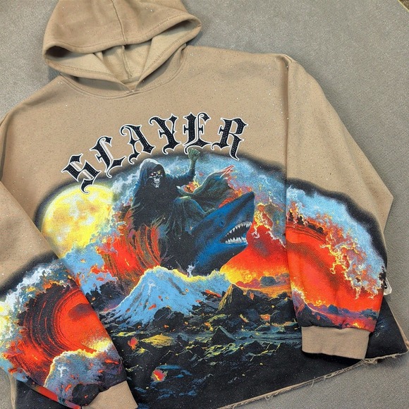 Voyage Studio 2XL Mens Slayer Grim Reaper Shark Volcano Graphic Hoodie Tan — photo 2